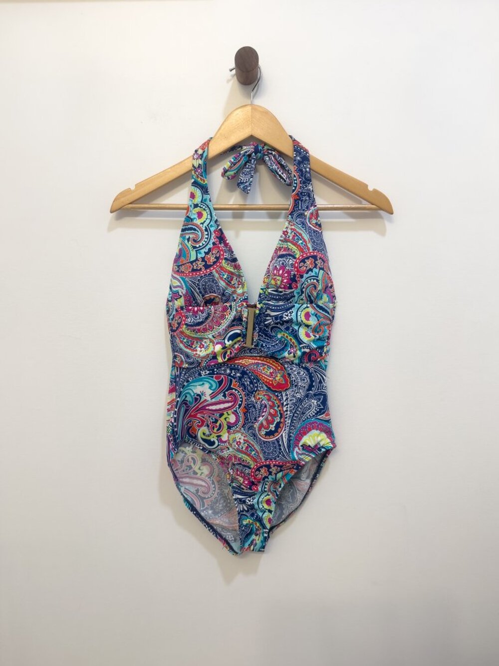 Liz Claiborne Paisley Halter One Piece Swimsuit Gold Hardware 6 Resort